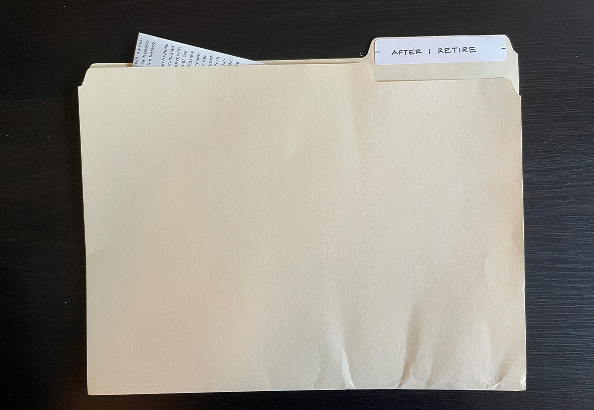 Florence Nishida's folder of things she wants to do when she retires